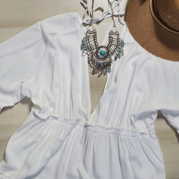 New Boho Tiered Plunge Mini Dress Cover Up Top Bell Sleeve White - Picture 6 of 9